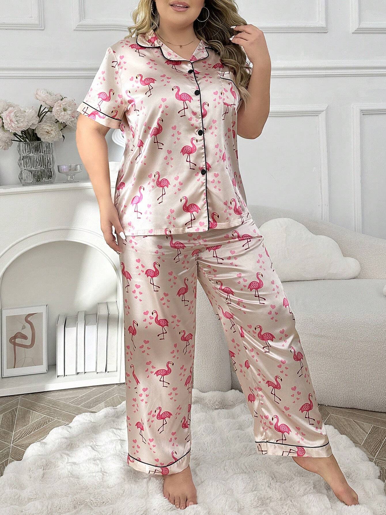 Plus Size Silk-Like Pyjama Set – Women's Short Sleeve Top