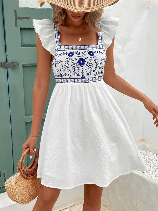 Women's White Cotton-Linen Summer Dress – Backless Bow-Tie, Blue Retro Print