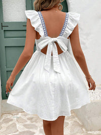 Women's White Cotton-Linen Summer Dress – Backless Bow-Tie, Blue Retro Print