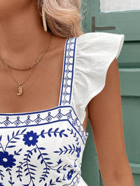 Women's White Cotton-Linen Summer Dress – Backless Bow-Tie, Blue Retro Print