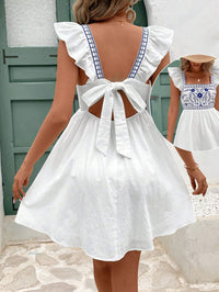 Women's White Cotton-Linen Summer Dress – Backless Bow-Tie, Blue Retro Print