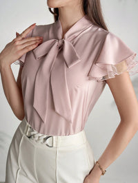 Elegant Cap Sleeve Shirt with Net Yarn Splicing, Collar & Tie Detail