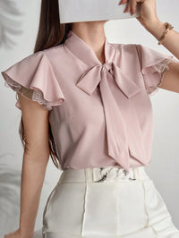 Elegant Cap Sleeve Shirt with Net Yarn Splicing, Collar & Tie Detail