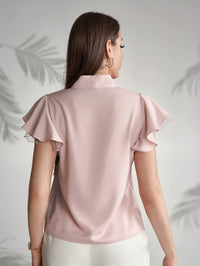 Elegant Cap Sleeve Shirt with Net Yarn Splicing, Collar & Tie Detail