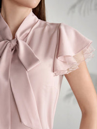 Elegant Cap Sleeve Shirt with Net Yarn Splicing, Collar & Tie Detail