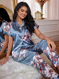 Floral Satin Pajama Set – Women's Lapel Collar Nightwear