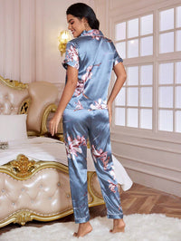 Floral Satin Pajama Set – Women's Lapel Collar Nightwear
