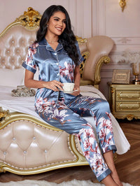 Floral Satin Pajama Set – Women's Lapel Collar Nightwear