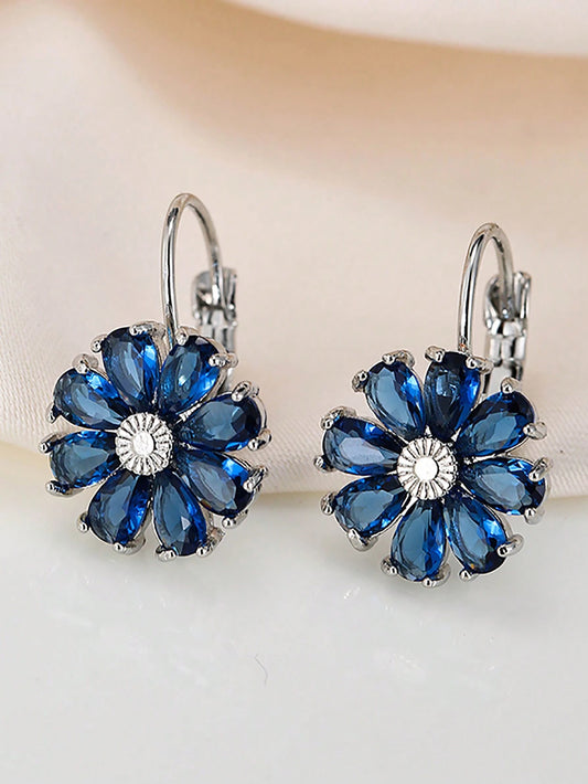 Blue Sapphire Zirconia Flower Hoop Earrings