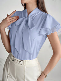 Elegant Cap Sleeve Shirt with Net Yarn Splicing, Collar & Tie Detail