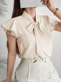Elegant Cap Sleeve Shirt with Net Yarn Splicing, Collar & Tie Detail