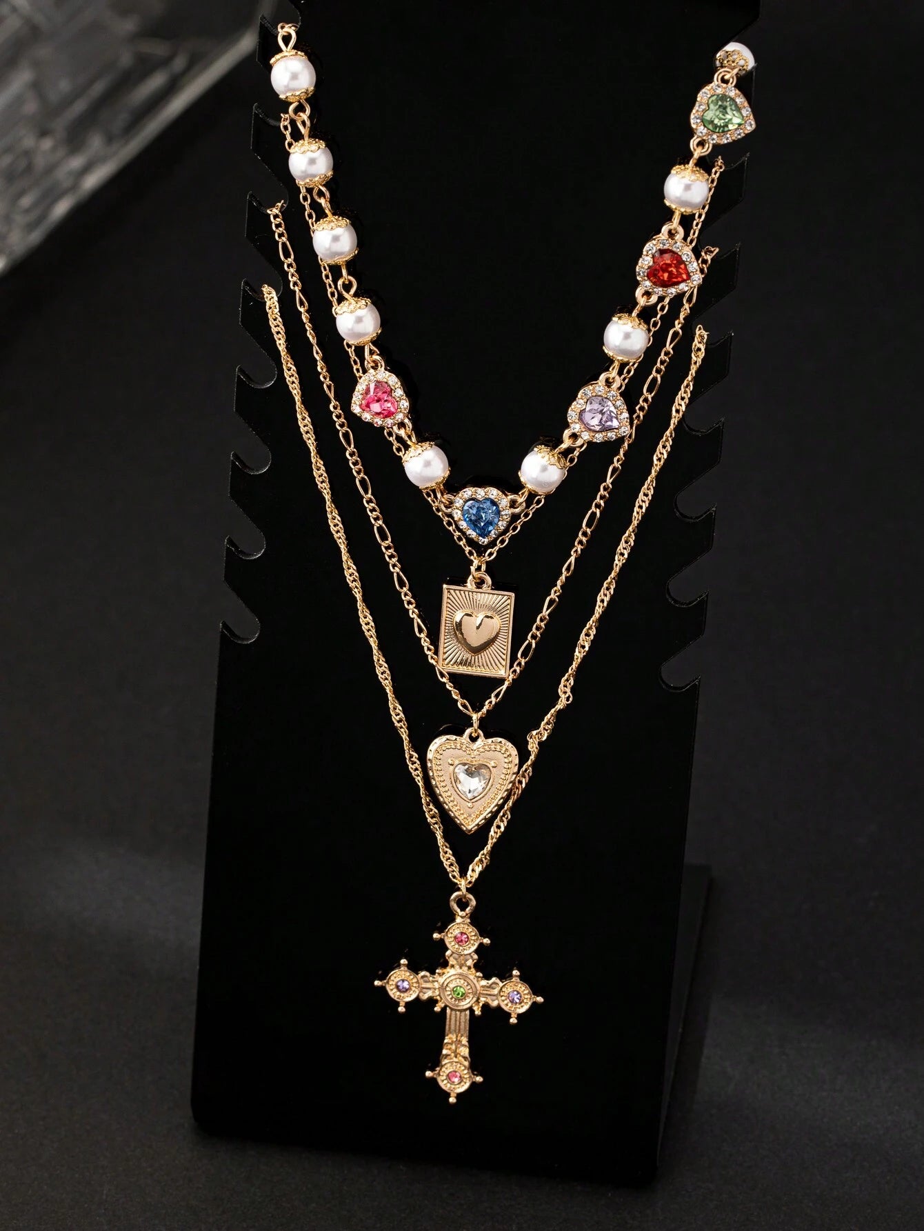 4-Piece Layered Necklace Set – 18K Gold-Plated, Cubic Zirconia Heart & Cross Pendants, Women's Jewellery Gift.