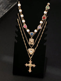 4-Piece Layered Necklace Set – 18K Gold-Plated, Cubic Zirconia Heart & Cross Pendants, Women's Jewellery Gift.