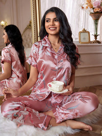 Floral Satin Pajama Set – Women's Lapel Collar Nightwear