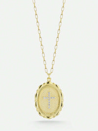 14K Gold Plated Sterling Silver Cross Oval Pendant Necklace