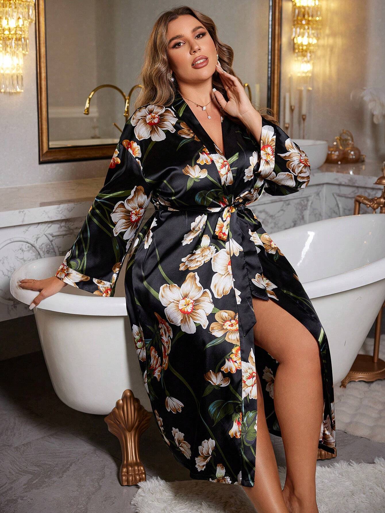 Plus Size Floral Silk Kimono Robe – Soft Satin Loungewear for Women