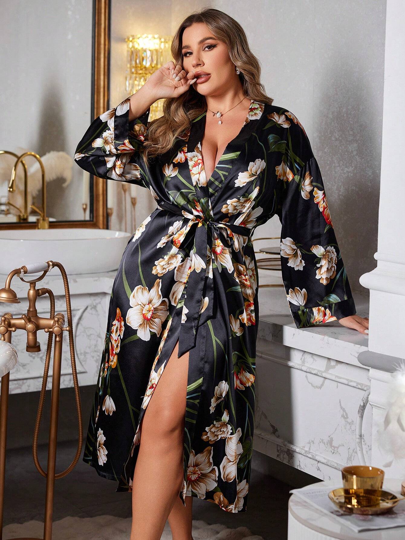 Plus Size Floral Silk Kimono Robe – Soft Satin Loungewear for Women