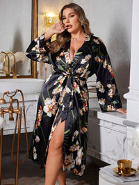 Plus Size Floral Silk Kimono Robe – Soft Satin Loungewear for Women