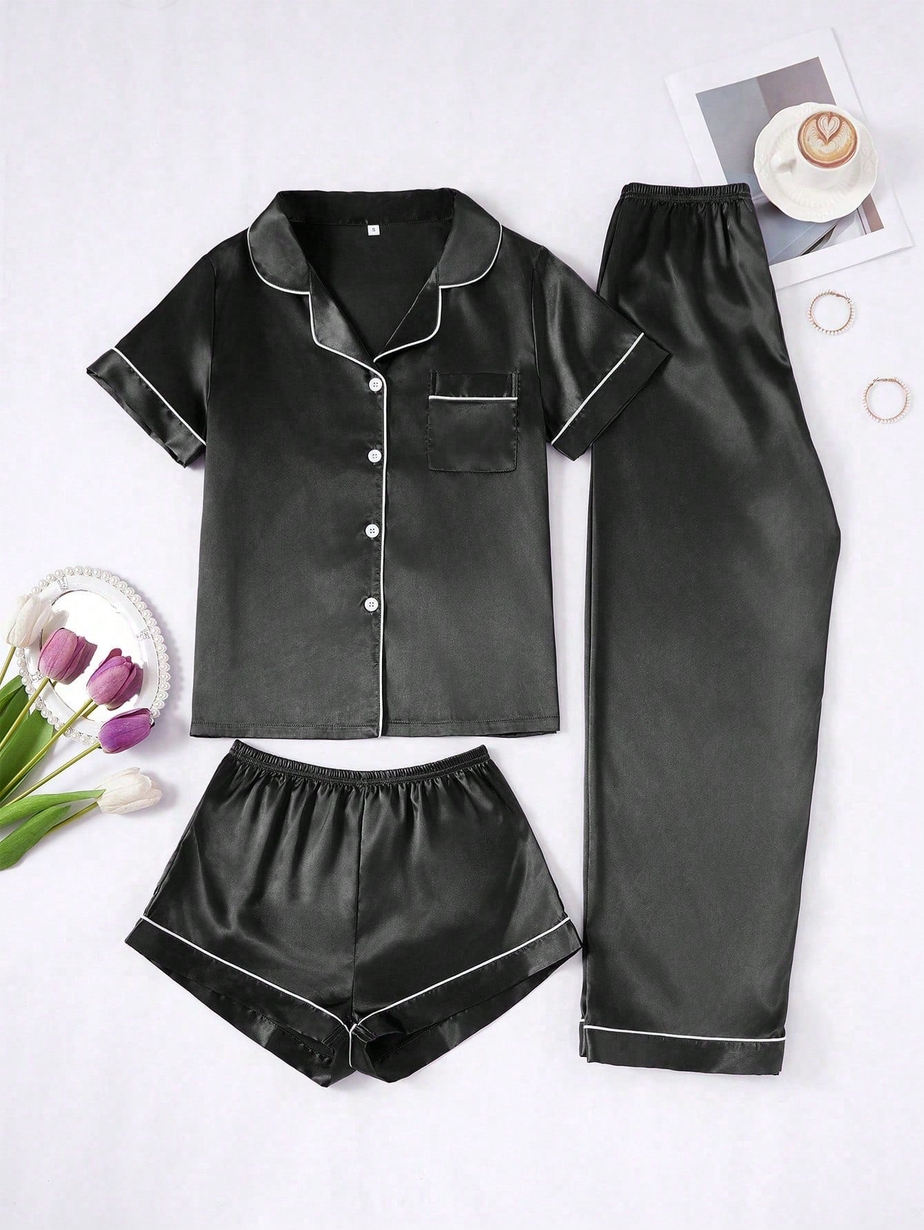 Silk Pajama Set – Solid Color with Contrast Trim & Collar – Women’s Sleepwear Set
