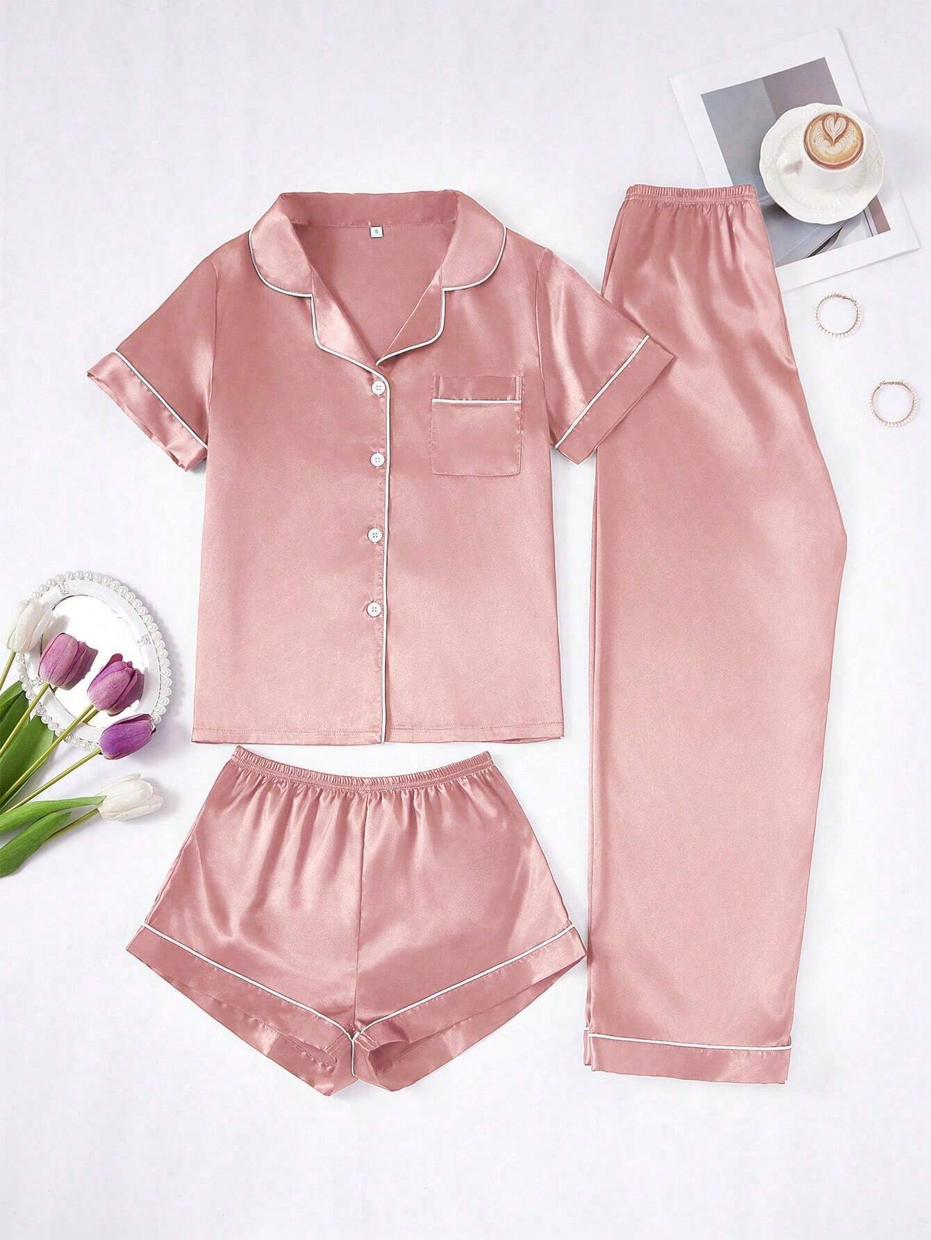 Silk Pajama Set – Solid Color with Contrast Trim & Collar – Women’s Sleepwear Set