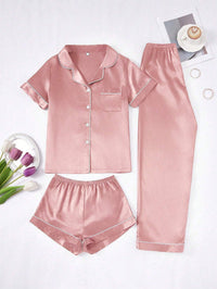 Silk Pajama Set – Solid Color with Contrast Trim & Collar – Women’s Sleepwear Set