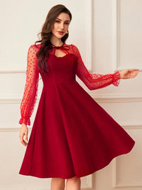 Vintage Mesh Splice Dress – Elegant Flare Sleeve Formal Ball Gown for Women