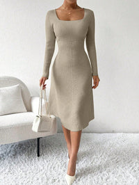 Ribbed Knit Long Sleeve Dress – Square Neckline, Elegant & Casual Bodycon Style for Women.