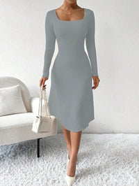 Ribbed Knit Long Sleeve Dress – Square Neckline, Elegant & Casual Bodycon Style for Women.