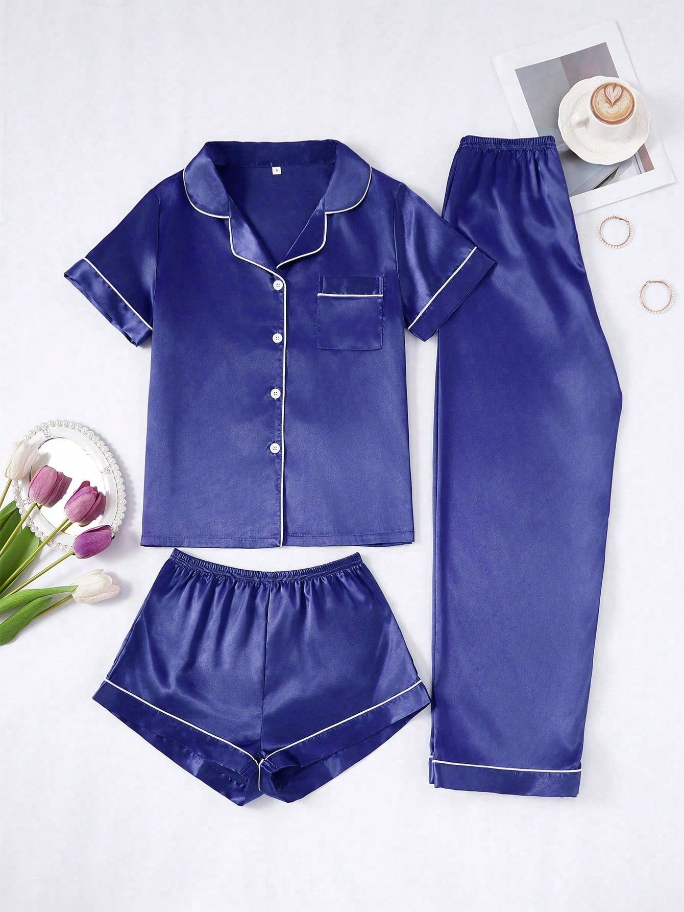 Silk Pajama Set – Solid Color with Contrast Trim & Collar – Women’s Sleepwear Set