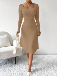 Ribbed Knit Long Sleeve Dress – Square Neckline, Elegant & Casual Bodycon Style for Women.