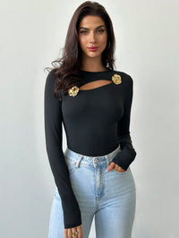 Black Fitted Long-Sleeve Top with Hollow Rose Metal Accent