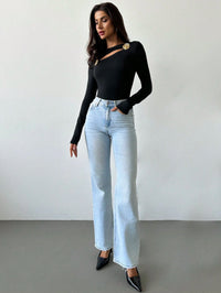 Black Fitted Long-Sleeve Top with Hollow Rose Metal Accent