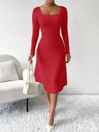 Ribbed Knit Long Sleeve Dress – Square Neckline, Elegant & Casual Bodycon Style for Women.