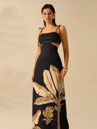 Bohemian Sleeveless Black Dress with Banana Tree Print – Hollow Waist & Back Tie Detail