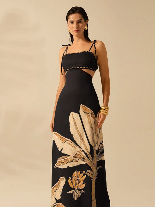 Bohemian Sleeveless Black Dress with Banana Tree Print – Hollow Waist & Back Tie Detail