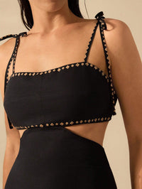 Bohemian Sleeveless Black Dress with Banana Tree Print – Hollow Waist & Back Tie Detail
