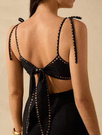 Bohemian Sleeveless Black Dress with Banana Tree Print – Hollow Waist & Back Tie Detail