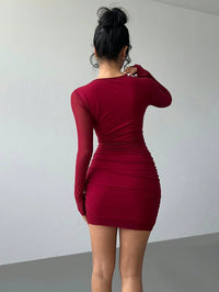 Burgundy Mesh Bodycon Dress – Long Sleeve Party Dress