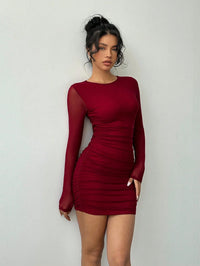 Burgundy Mesh Bodycon Dress – Long Sleeve Party Dress