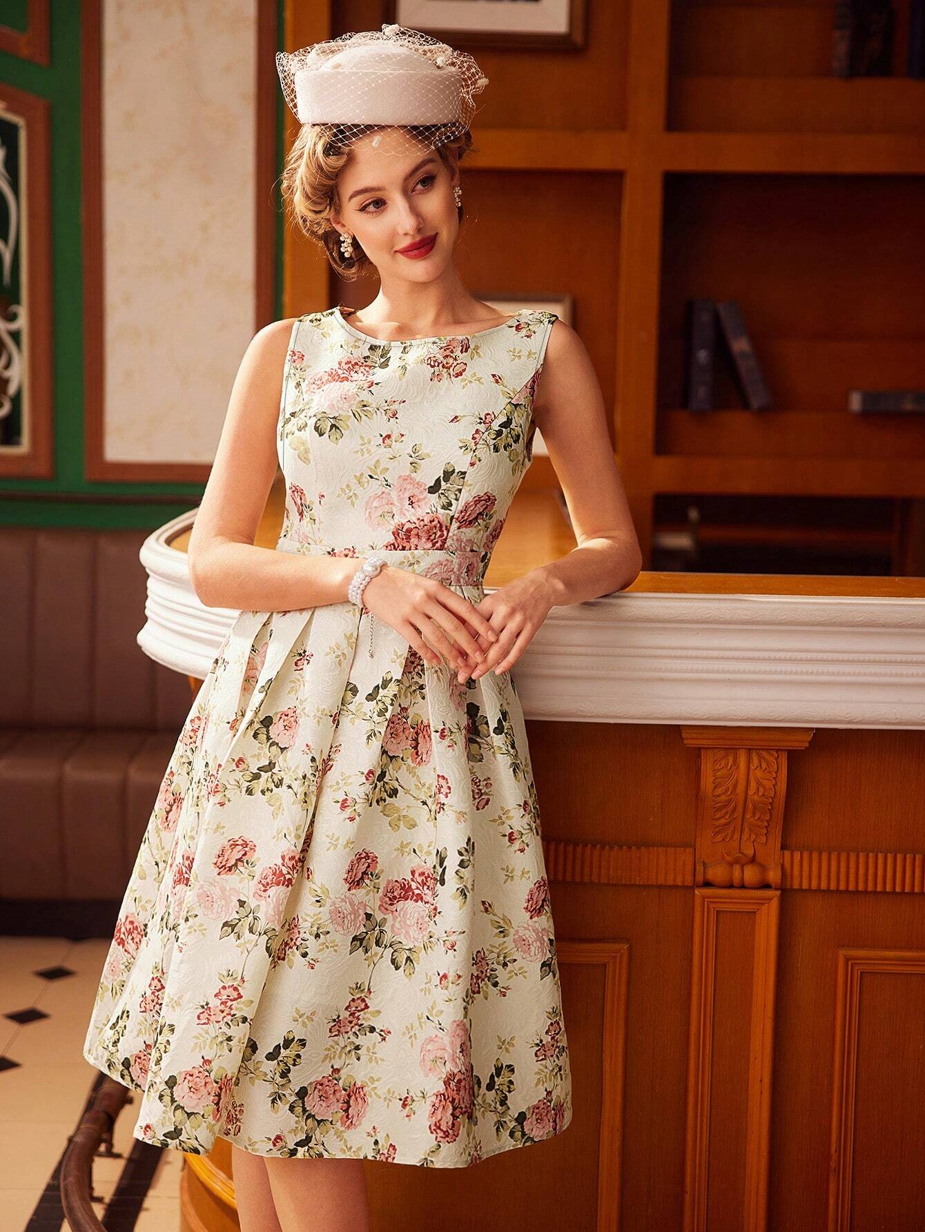 Vintage Floral Sleeveless Mini Dress – Elegant A-Line Belted Sundress for Summer Events