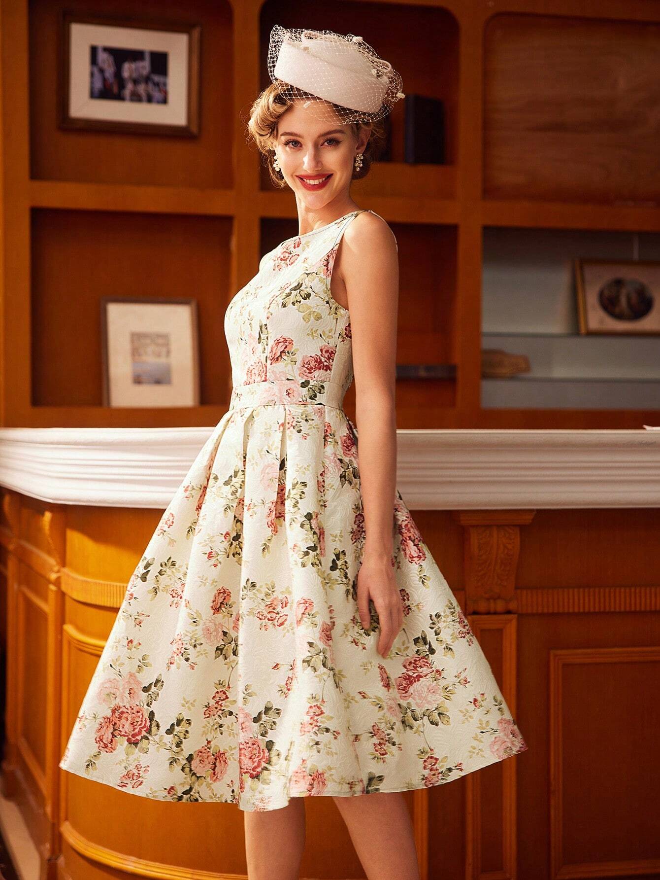 Vintage Floral Sleeveless Mini Dress – Elegant A-Line Belted Sundress for Summer Events