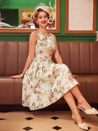 Vintage Floral Sleeveless Mini Dress – Elegant A-Line Belted Sundress for Summer Events