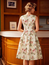 Vintage Floral Sleeveless Mini Dress – Elegant A-Line Belted Sundress for Summer Events