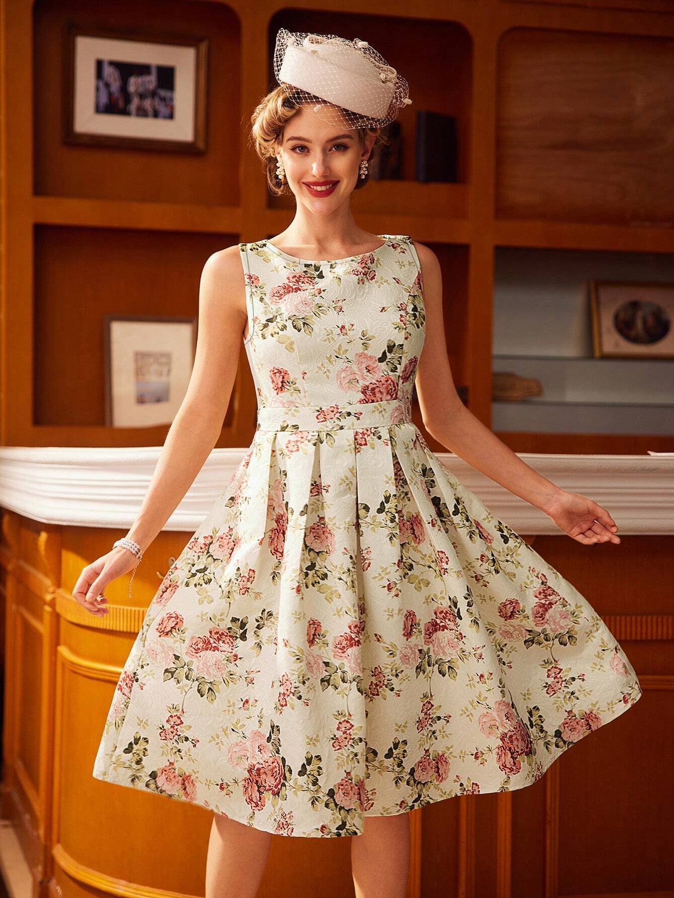 Vintage Floral Sleeveless Mini Dress – Elegant A-Line Belted Sundress for Summer Events