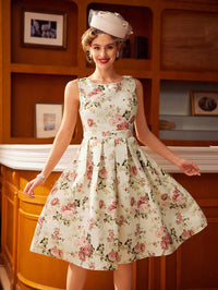 Vintage Floral Sleeveless Mini Dress – Elegant A-Line Belted Sundress for Summer Events