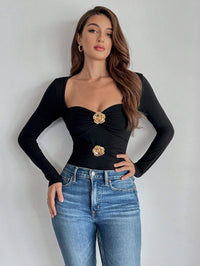 Embellished Black Bodysuit – Long Sleeve Party & Concert Dress