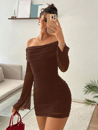Women's Off-Shoulder Glitter Mini Dress – Elegant Pleated Partywear