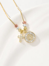 "Handmade Tri-Color Beaded Cross Pendant Necklace – Catholic Benedict Cross Jewellery, Perfect Gift for Women.