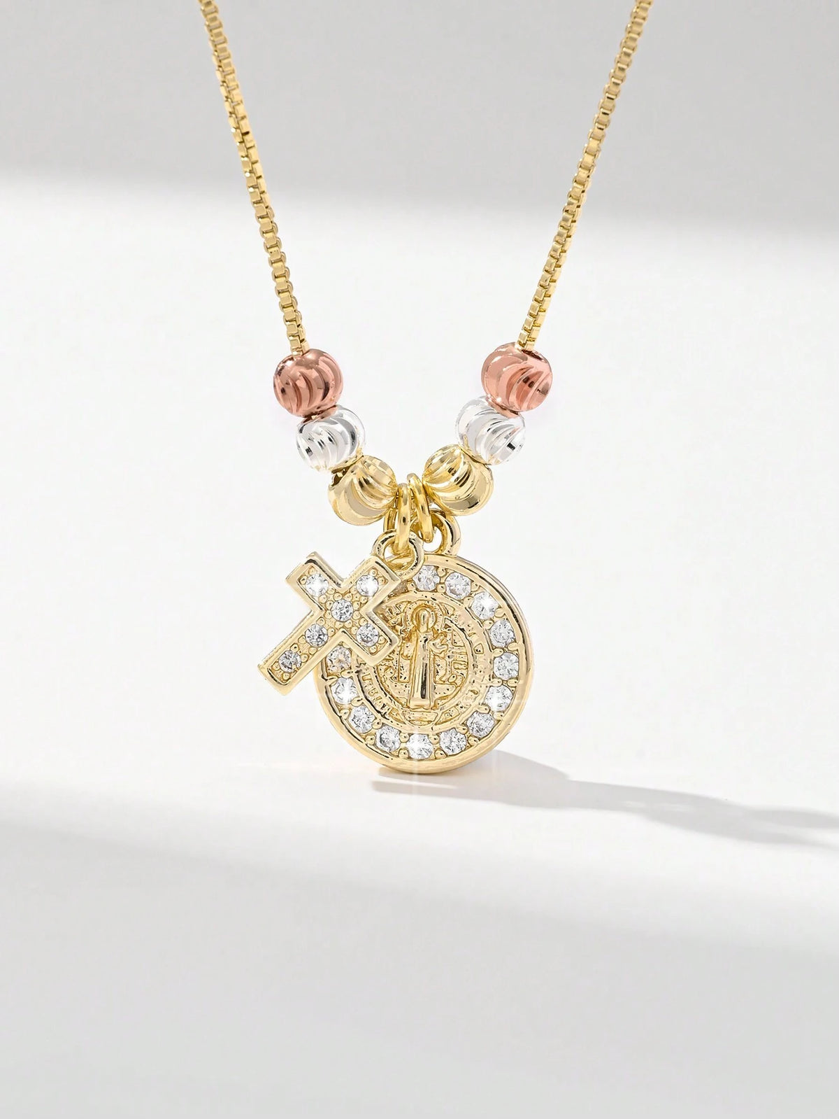 "Handmade Tri-Color Beaded Cross Pendant Necklace – Catholic Benedict Cross Jewellery, Perfect Gift for Women.