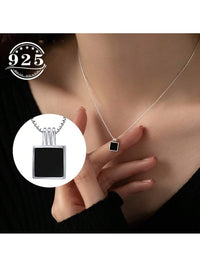 S925 Sterling Silver Black Square Pendant Necklace.